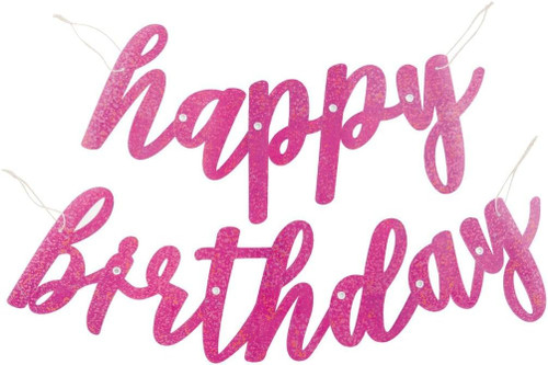 Pink Glitz Happy Birthday Script Prismatic Foil Jointed Banner (83cm) - Perfect Party Decor for Birthday, & Celebrations - 2 Pc