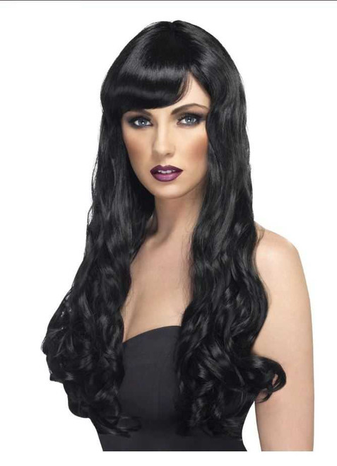 Long Curly Wig Black - Curly with Fringe | Ladies Fancy Dress Wig | Ladies Halloween Wig
