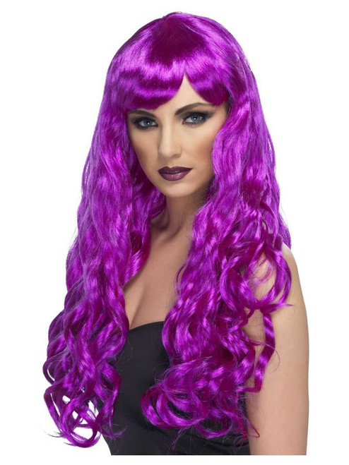 Long Curly Wig Purple - Curly with Fringe | Ladies Fancy Dress Wig | Ladies Halloween Wig