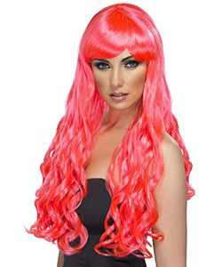 Long Curly Wig Fuchsia - Curly with Fringe | Ladies Fancy Dress Wig | Ladies Halloween Wig