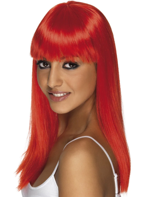 Neon Red Wig - Straight with Fringe | Ladies Fancy Dress Wig | Ladies Halloween Wig