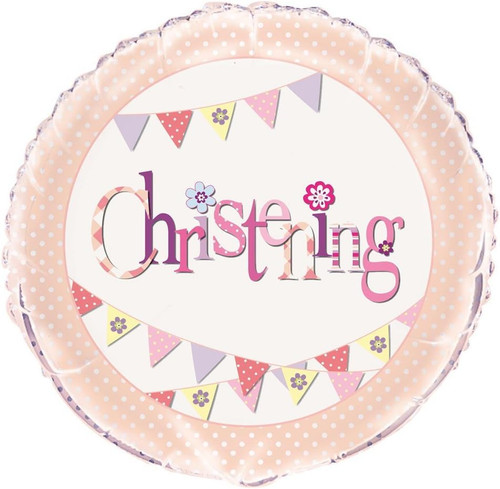 Pink Bunting Christening Round Foil Balloon (45cm) 1 Piece - Beautiful Baby Girl's Celebration Decoration
