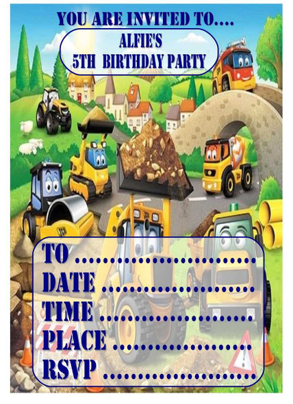 Personalised Construction Party Invitations (16 Pack)