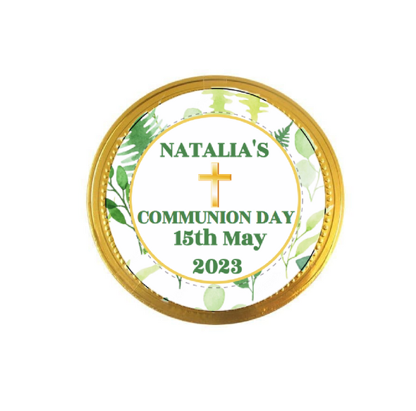 Personalised Green Leaf Communion Chocolate Coins (15 Pack)