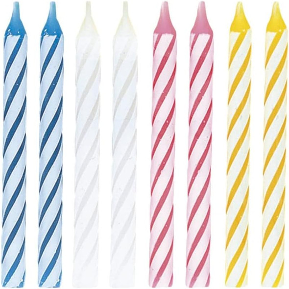 Four Assorted Colour Striped Birthday Candles, Pack of 24