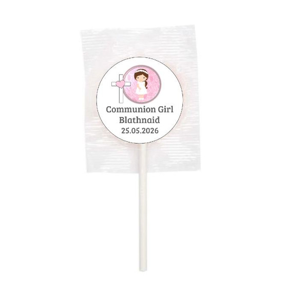 Personalised Brown Hair Communion Girl Lollipop