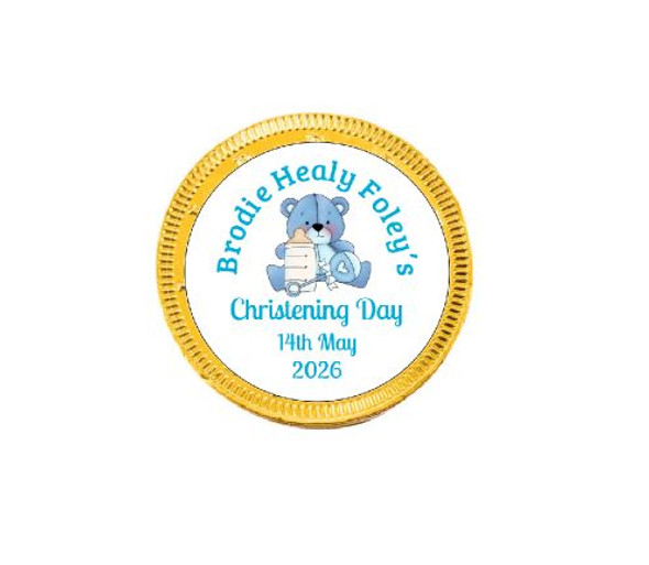 Personalised Blue Bear Christening Chocolate Coins
