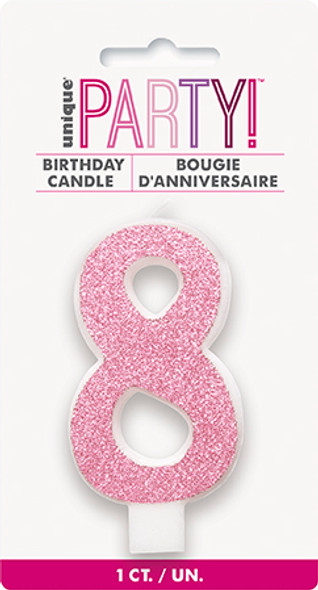 Pink Glitter No8 Birthday Candle