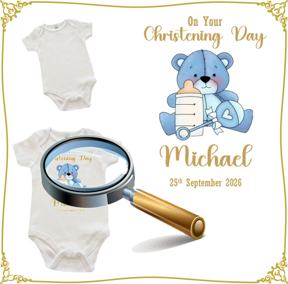 Personalised Blue Teddy Christening Baby Vest