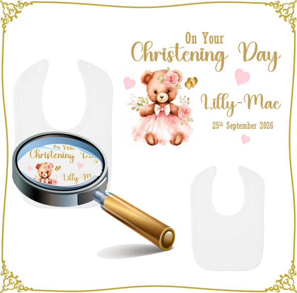 Personalised Pink Teddy Bear Christening Bib