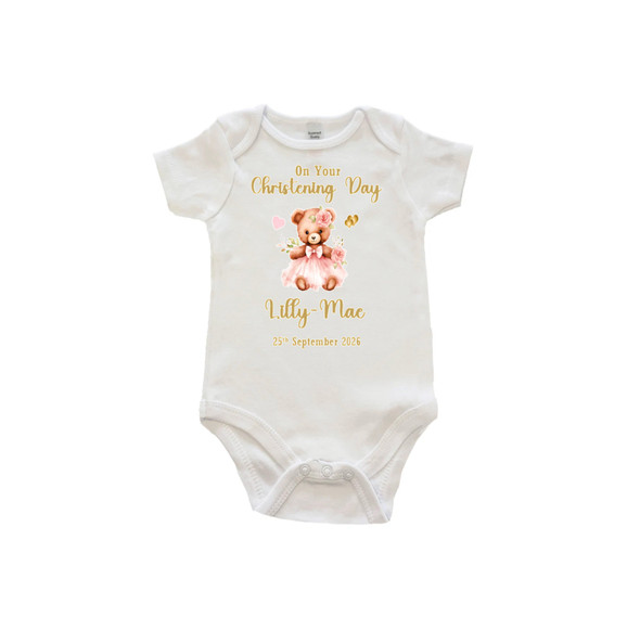 Personalised Pink Teddy Bear Christening Baby Vest
