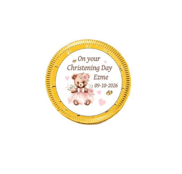 Personalised Pink Teddy Bear Christening Chocolate Coins