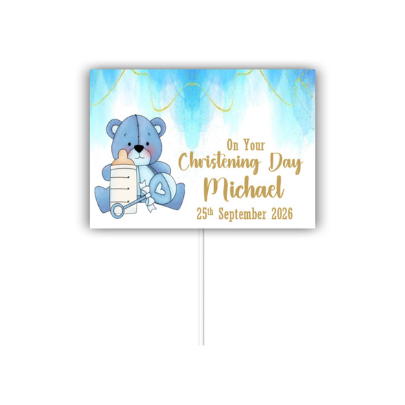 Personalised Blue Teddy Christening Cake Topper
