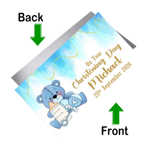 Personalised Blue Teddy Christening Cake Topper Front