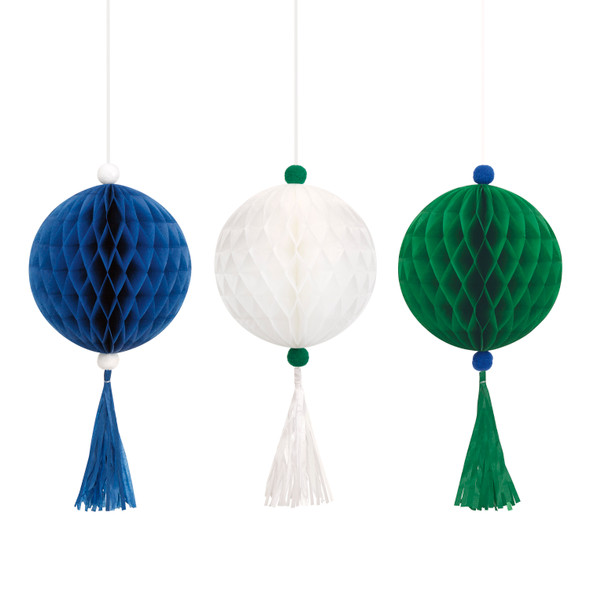 Blue, White & Green Tissue Ball and Tassel Ornament Decorations