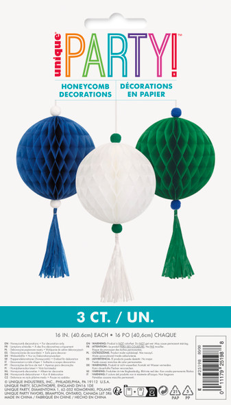 Blue, White & Green Tissue Ball and Tassel Ornament Decorations