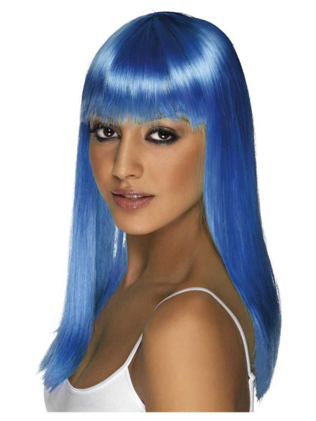 Glamourama Neon Blue Long Wig - With Straight Fringe | Ladies Fancy Dress Wigs | Ladies Halloween Wigs