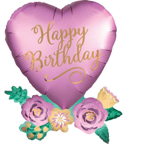 Happy Birthday Satin Heart with Flowers Supershape Foil Balloon