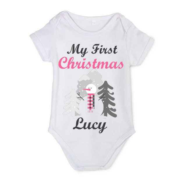 Personalised My First Christmas Pink Snowman Baby Vest