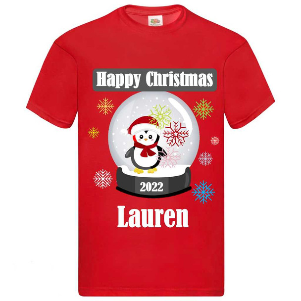 Personalised Kids Penguin Snowglobe Christmas T-Shirt