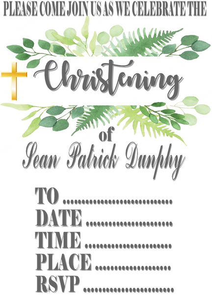 Personalised Green Leaf Christening Invites