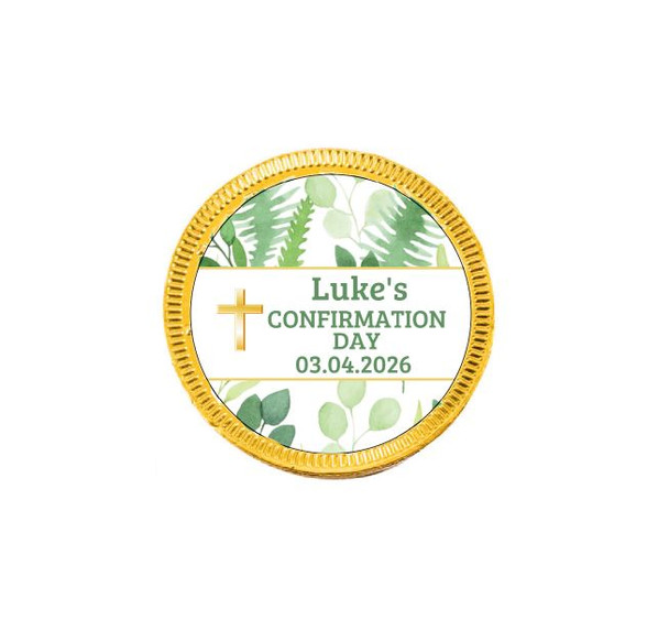 Personalised Green Leaf Confirmation Chocolate Coins (15 Pack)