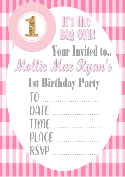 Personalised Striped Pink Birthday Invitations