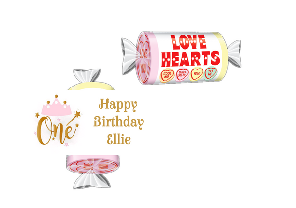 Personalised Pink & Gold 1st Birthday Loveheart Sweets (9 Pack)