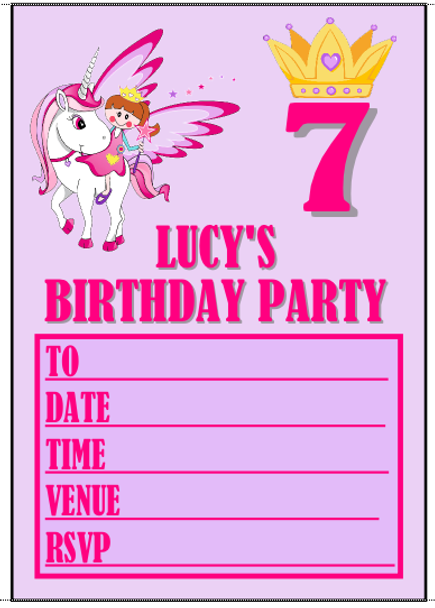 Personalised Unicorn Princess Party Invitations