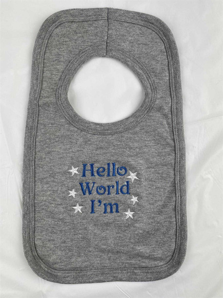 Personalised Embroidery Hello World Grey Baby Bib