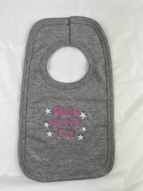 Personalised Embroidery Hello World Grey Baby Bib Pink Threading