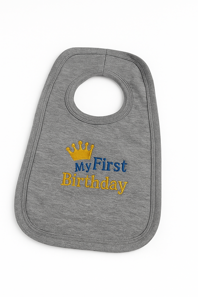 Personalised Embroidery Blue First Birthday Crown Bib