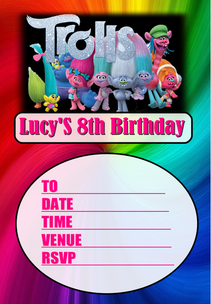 Personalised Trolls Party Invitations (16 Pack)