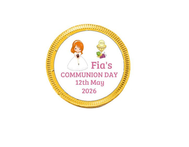 Personalised Red Haired Girl Communion Chocolate Coins (15 Pack) | Communion Decorations