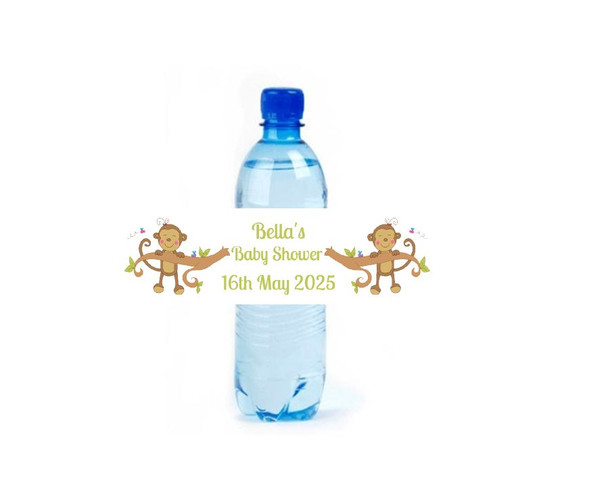 Personalised Baby Shower Monkey Water Bottle Labels