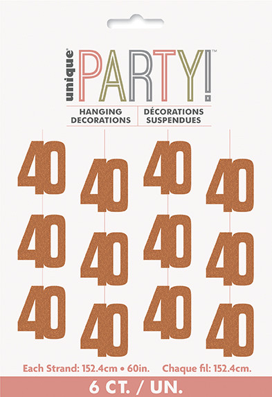 Rose Gold 40th Hanging String Decorations 6Pk