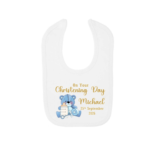 Personalised Blue Teddy Bear Christening Bib