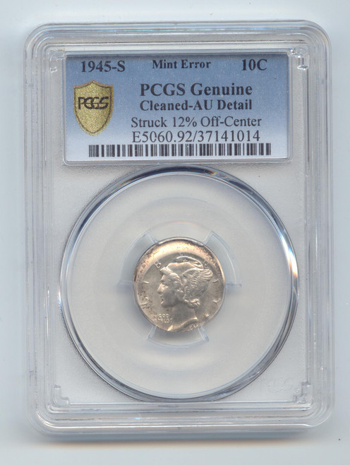 1945-S Mercury Dime Mint Errors, Struck 12 % Off Center, PCGS TrueView AU Detail