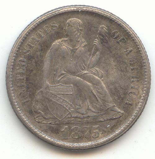 1875-CC Carson City Seated Liberty Dime, CC Above Bow, Lustrous AU-Unc Details