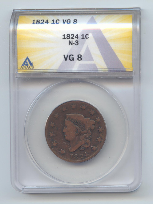 1824 Coronet Head Large Cent, Newcomb-3, ANACS VG-8