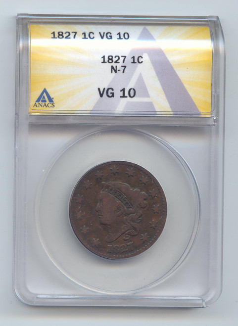 1827 Coronet Head Large Cent, Newcomb-7, ANACS VG-10
