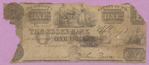 Obsolete, The Essex Bank, One Dollar, $1, Guildhall Vermont, VT, 18??