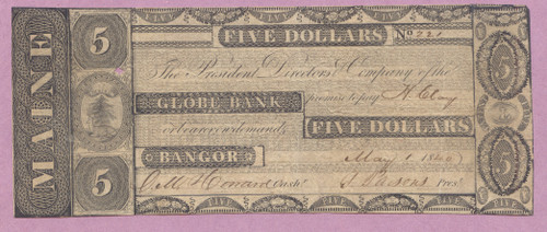 Obsolete, Bangor Maine,The Globe Bank, Five Dollars, $5, 1840, VF