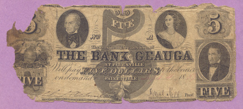 Obsolete, Painesville OH, Ohio, The Bank of Geauga, Five Dollars, 1859