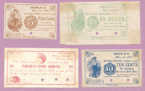Union NH, 1862 Scrip, Tredick, Swinerton, 5c, 10c, 25c, Unissued, New Hampshire