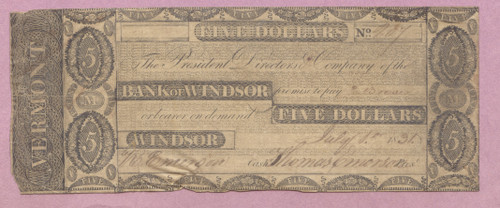 1831 Bank of Windsor, Vermont, $5, Five Dollars, Obsolete, Issued