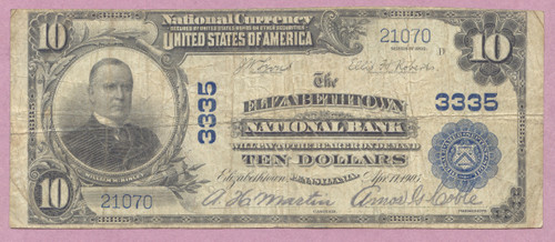 1902 $10 National Currency, The Elizabethtown National Bank PA, Ch 3335, Scarce