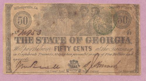 1864 The State of Georgia, Fifty Cents, 50c, Milledgeville, Civil War Obsolete