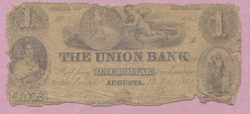 Obsolete, The Union Bank, Augusta GA, Georgia, 1854 One Dollar, Low Grade