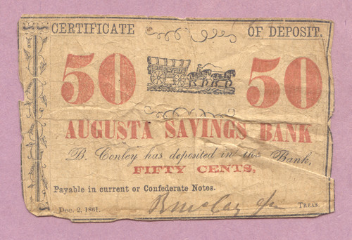 Georgia, Augusta Savings Bank, 50 Cents, 1861, B. Conley, Certificate of Deposit